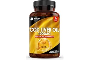 NEW LEAF PRODUCTS Cod Liver Oil Softgels 1000mg - 180 Cod Liver Soft gels High Strength Softgels- Cod Liver Oil Rich in Omega 3 EPA DHA Fatty Acids + Vitamins A & D, High Strength Fish Oil - UK Made, by New Leaf
