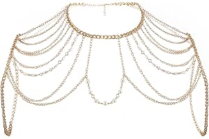 NICENEEDED Catena A Spalla con Perle, Catena per Imbracatura da Spalla da Sposa in Oro, Catena per Reggiseno Bikini con Catena A Strati Boho Catena Posteriore in Metallo
