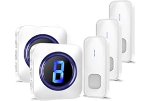 Sonnette sans Fil, IP55 Extérieur Étanche Kit de Carillon, 400M Sonnette de Porte avec 3 Boutons à Piles, 55 Mélodies, 5 Niveaux Volume, LED Affichage du Numéro, Blanc