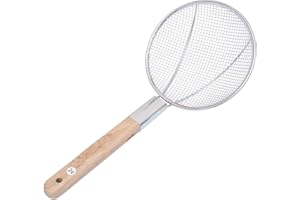 PEBBLE HUG Skimmer Strainer Spoon, Fine Mesh, Frying Strainer, Boiling Noodles, Dumplings, Pasta, Handle for Kitchen Frying Food, Skimmer Spoon, Filtering, Strainer, Skimming, Wooden Handle, (20cm)