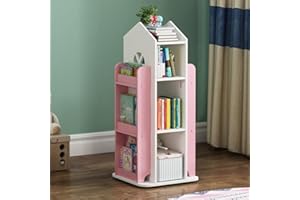 BTGGG Kids Bookshelf Rotating Children's Bookcase with Storage, Bookcase Floor Standing Book Storage Rack Kids Bookshelves Organiser for Kid Room, Bedroom, Study, Kindergarden Pink