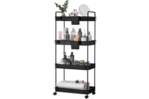 Wuudi 4-Tier Storage Trolley Cart, Slide-Out Cart with Wheels Rolling Utility Shelf Rack for Kitchen Bathroom with Hanging Cups & Partition
