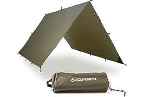 AQUAQUEST GUIDE Waterproof Camping Tarp - Ultralight Bivy Shelter or Rain Fly - Camping Essentials for Hiking, Hammock & Survival, 4 x 3 m Olive Drab