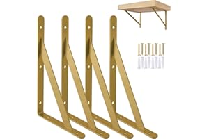OUVIN 4 Pcs Gold Shelf Brackets Triangle Shelving Brackets Right Angle Wall Mounted Shelf Supporters 8 Inch