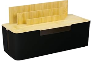 YTUGIL Cord Organizer Box with Bamboo Lid, Desk Cable Management Box, Cable Tidy Organizer for Power Strips and Cords, Desk Cable Storage Solution for Office Home - Black