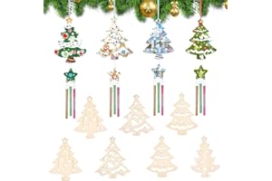 LIMITADA 12 Pcs Carillon Noël en Bois, Carillon Arbre Noël, Carillon à Vent en Bois, Carillons Éoliens de Noël, Bricolage Carillon avec Ruban, Fil, Autocollant Diamant, Stylos, Palette de Couleurs