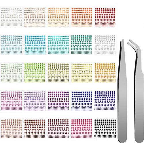 Jovitec 4125 Pezzi 25 Foglio Strass Autoadesivi con 2 Pezzi Pinzetta per Fai Da Te, Trucco, Decorazione e Festival, 25 Colori e 4 Formati