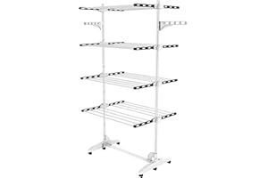 Todeco - Estante para Secado de Ropa, Tendedero - Material: Tubos de Acero Inoxidable - Carga máxima: 3 kg por Barra de Soporte - 4 estantes, Negro/Blanco, con alas