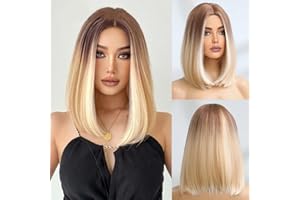 FENGQ Kurze Bob Perücke, Kurze Gerade Ombre Blonde Bob Perücke, Gerade Kurze Charmante Bob, Kurz Gerade Perücke für Frauen, Synthetischem Haar für Frauen Cosplay Tägliche Party Verwendung