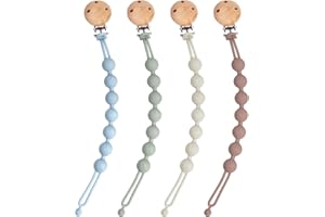 RICYEA Silicone Dummy Clip for Baby, 4 Pack Pacifier Clips Flexible Soother Chains Clips with One-Piece Design, Keeps Pacifier Clean, BPA-Free Pacifier Holder for Baby Boy and Girl (Ether+Sage+Grey+Sand)