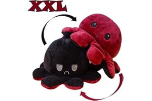 KUNSTIFY pluszowe zwierzątko XXL, nastrojowa ośmiornica, z możliwością odwracania na lewą stronę, przytulanka dla dziewczynek, dla dzieci i tych, którzy chcą wyrazić swój nastrój, prezent dla przyjaciółki, 40 cm, czerwona/czarna