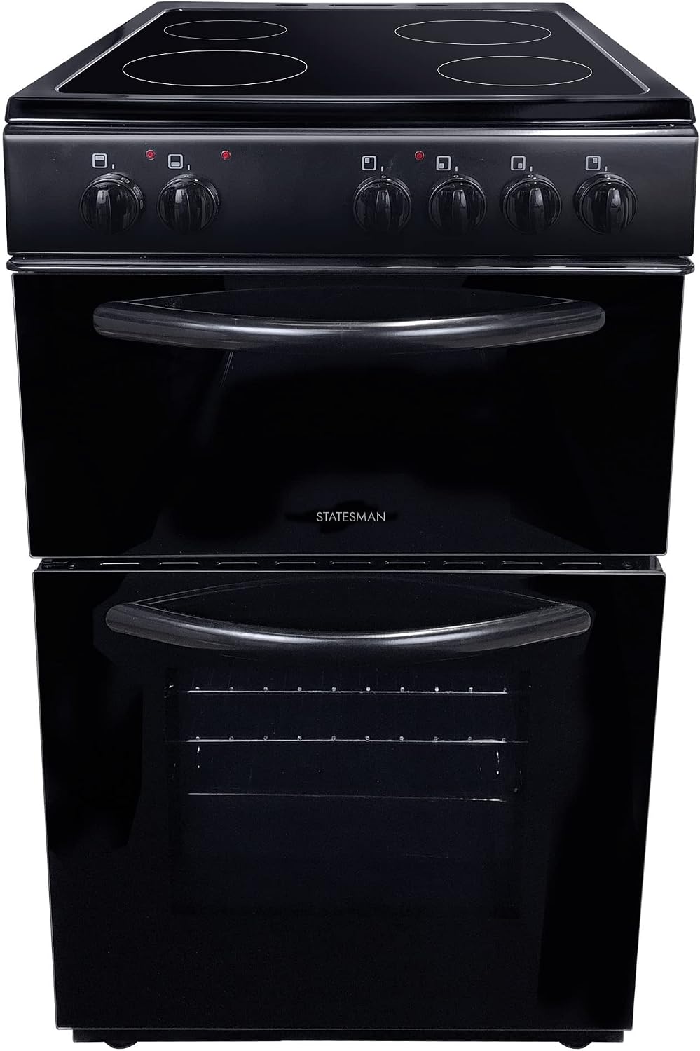 Statesman EDC50B Fan Assisted Double Oven Electric Cooker, 4 Zone Ceramic Hob, Integrated Grill, 50cm Wide, Double Glazed Door, 1 Deep Tray with Wired Chrome Grid, Black