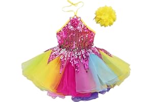 Jowowha Kid Girls Dance Costume Shiny Sequins Tutu Dress with Headwear Wristband Set for Ballet Jazz Dance Stage Performance