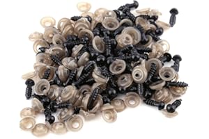 AUNMAS 100Pcs Doll Eyes, 9mm/0.35in Plastic Doll Safety Eyes Black Solid Round DIY Making Knitted Plush Stuffed Animal Craft Button with Washer Accessory for Teddy Bear Felting Toys Birthday Gift Making