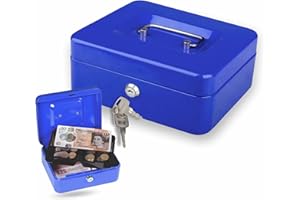 MA NASIR Metal Cash Boxes With Keys Removable Plastic Tray For Perfect Secure Money Cash Coins Petty Deposit Tin Lockable Metal Storage (6 Inch) Portable Safe Box (1 Pc Only) Blue & Red (Assorted Colour)