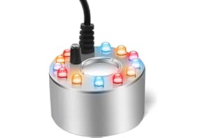 OLUTULA 24V Ultrasonic Mist Maker Fogger, 12 LED Colour Changing Lights and Splash Guard, Stainless Steel Water Fountain Atomizer for Fountain, Pond, Rockery, Fish Tank, Indoor & Outdoor Halloween Decoration