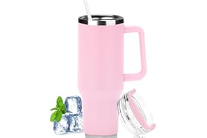 LOITTAINUE 40oz Thermobecher mit Strohhalm und Henkel, 1180ml Kaffeebecher To Go mit Deckel, Doppelwandiger Edelstahl Vakuum Isolierbecher Tragbare Autobecher für Kalte Heiße Getränke (Rosa)