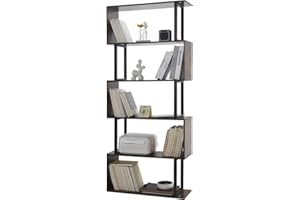BIPOCKE 5/6 Tier S Shaped Bookshelf, Wooden Storage Freestanding Shelving Units Bookcase, Industrial Display Shelf Furniture for Living Room, Bedroom, Home Office, Plant, Organizer, Rustic Brown (71x24x158cm)