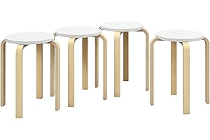 HOMCOM Set 4 Sgabelli Impilabili Rotondi, Set Sgabello Legno Moderno con Base Antiscivolo, Sedie Impilabili Senza Schienale con Gambe Curve per Cucina, Bar, Sala da Pranzo, Ufficio, Ø40x45 cm, Bianco