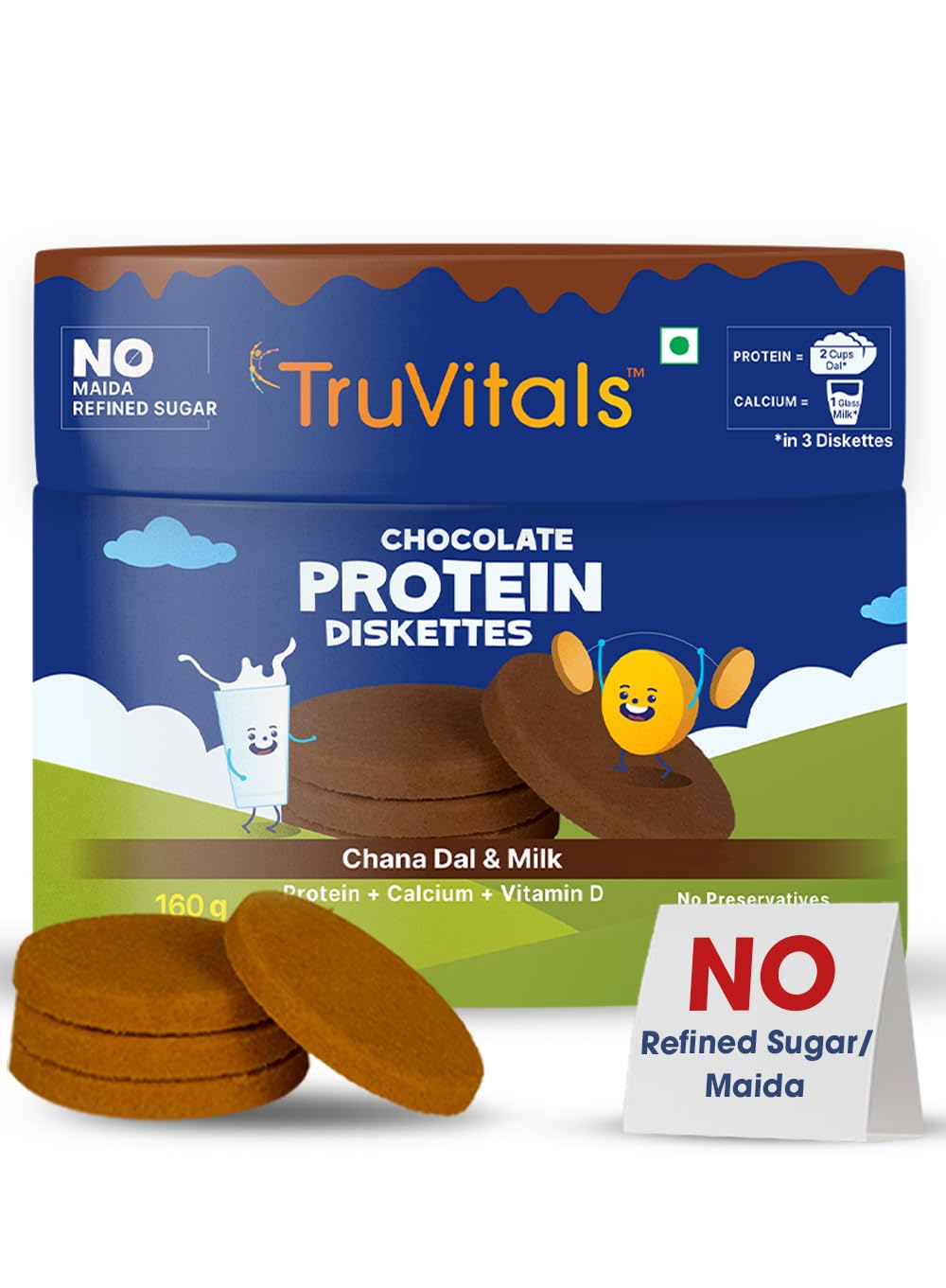 TruVitals Kids Protein Chocolate Diskettes | High Protein & Calcium biscuits for kids | NO Maida, NO Refined Sugar, NO Artifi