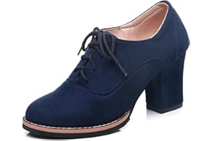 UMore Otoño Mujer Tacones Altos Vintage Gamuza con Cordones Zapatos de Negocios Elegantes Bombas de Punta Redonda Color sólido Oficina Carrera Zapatos Oxford