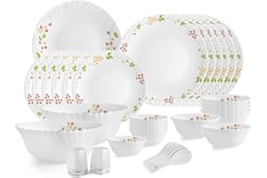 Cello Opalware Dazzle Series Secret Garden Dinner Set, 35 Units | Opal Glass Dinner Set for 6 | Light-Weight, Daily Use Crock