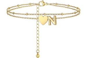 PROSTEEL Bracelet de Cheville Plaqué Or pour Femme, Chaîne Double Couche avec des Charmes Cœur et Lettre, Chaîne de Cheville Ajustable de 22+5cm