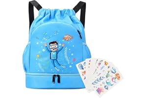 Hnonoxy Children's Swimming Bag, Large Capacity Drawstring Sports Bag with Wet Compartment, Waterproof Beach Swimming Bag with 10 Pieces Cartoon Sea Stickers, Gymnastics Backpack for Teenagers (Light