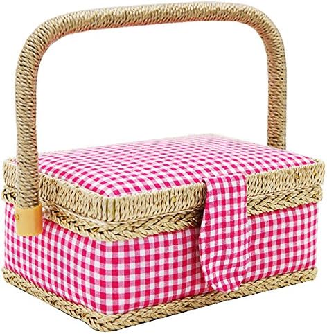 Exclura Vintage Sewing Basket Box with Sewing Kit Accessories, Pink