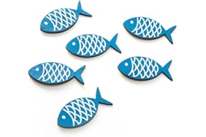 Logbuch-Verlag lot de 6 petits poissons en bois - couleur bleu et blanc 5 x 3 cm - avec point adhésif - décoration maritime