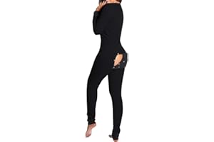LYSINK Women Christmas Jumpsuit Pajamas Sexy Butt Button Back Flap V Neck Long Sleeve Romper Bodycon Sleepwear