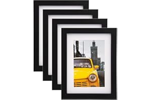 EGOFINE 8x6 Photo Frames Black Set of 4 - Made of Solid Wood for Table Top and Wall Mounting with 4x6 Mat