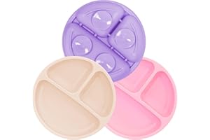 MOJINL Kinderteller mit Saugnapf Rutschfest Silikon Baby Teller BPA Frei Babyteller Kinder Tischset Babygeschirr Spülmaschinenfest für Kleinkinder 3 Stück (Lila/Rosa/Beige)