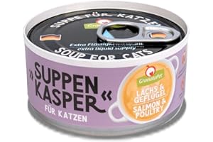 GranataPet Suppenkasper Salmón y Aves de Corral, 12 x 70 g, Snack para Gatos, golosinas para hidratar adicionalmente, Sopa contra el Hambre, Comida para Gatos sin Cereales y sin azúcares añadidos
