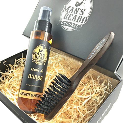 man's beard - fabrication française - coffret avec huile à barbe et brosse à barbe - serum/huile à barbe pour homme : 75 ml + brosse à moustache et barbe