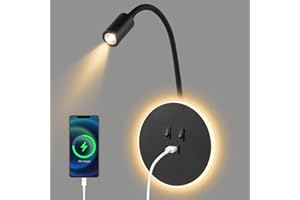 Ckbuity LED Wall Lamp + Flexible Gooseneck Lamp, Bedside Reading Lamps with Switch, USB Charging Port, Ambient Room Light for Bedroom Lighting (3W COB+9W LED), Black