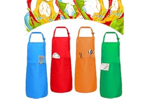 XCOZU 4 Grembiuli per Bambini con Tasche, Grembiuli Regolabili per la Cucina dei Bambini, Grembiuli per la Pittura dei Bambini, Grembiule da Cuoco per la Scuola d'Arte (Rosso/Verde/Arancione/Blu)