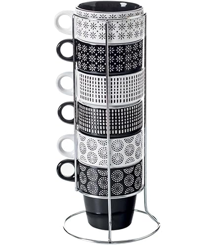 HOME DECO FACTORY - KA0500 Tasse Unie Set de 4 avec Support, Céramique, Design Élégant, pour Café et Thé, Couleurs Neutres, Taille Standard, Beige, Marron, Noir, Blanc