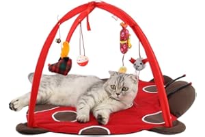 Tapis de jeu et d’activité mobile Freeas pour chien ou chat, Lit rembourré pour animal domestique avec jouets suspendus : clochettes, balles et souris