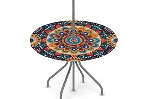 KNEMI Round Garden Table Cloth With Parasol Hole, Colorful Mandala Outdoor Circular Fitted Tablecloth with Umbrella Hole Waterproof Elastic Edged Table Cover for Party Picnic, Fit for 45"-56" Round Tables