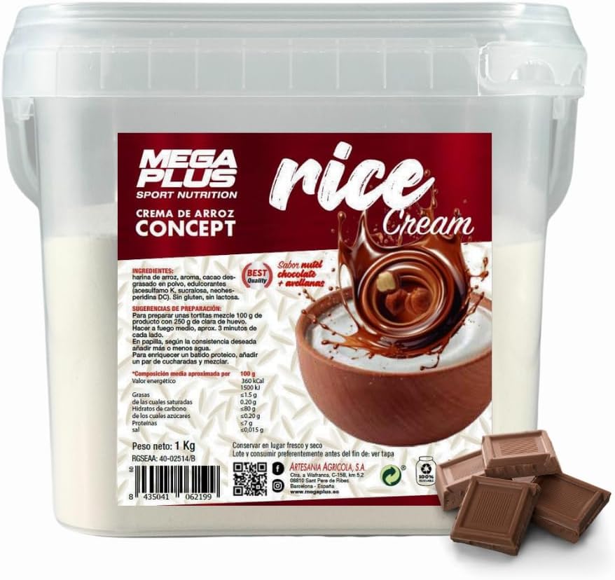 Crema de Arroz - Mega Plus Concept - Crema de arroz en polvo - Sin azúcares añadidos - alto en carbohidratos - Sin Gluten - Sin Lactosa- 1 kg (1 Kg, Choco Nutella)