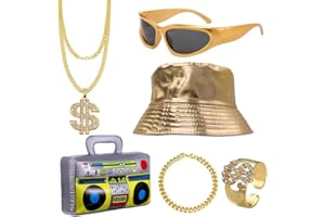 SIEBOLD 6 pezzi Accessori Rapper Costume,Kit di Costumi Hip Hop Costumi,Rapper Hip Hop Cappello,Segno del Dollaro Bracciale Anello in Oro,Occhiali,Gonfiabile Boom Box,Per Feste Per Cosplay Di Carnevale