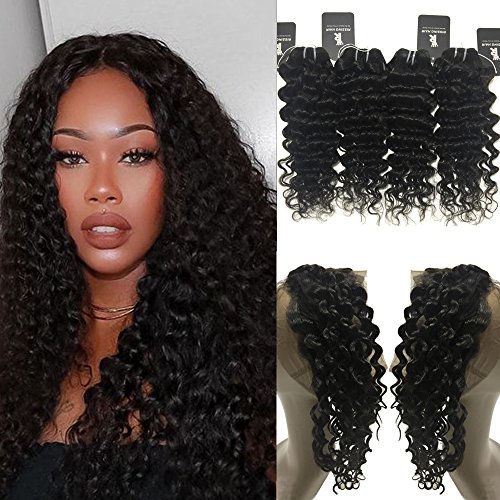 Rissing Deep Wave 360 Lace Frontal Closure With 4 Bundles, Mink Brazilian Curly Hair With 360 Frontal , Brazilian 360 Deep Wave With Bundles Pre Plucked Human Hair(16"16"18"18" with 360 frontal 14")