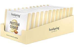 foodspring Protein Cookie, Cioccolato bianco e mandorle, 12 x 50g, vera consistenza del biscotto, tante proteine, pochi zuccheri, lo snack fit con vero cacao