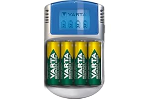 VARTA Cargador de Pilas, incl. 4X AA 2600mAh, cargador para pilas AA/AAA recargables, LCD Charger, con cable USB & adaptador 