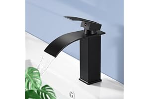 AIMOYO Black Bathroom Sink Taps, Modern Black Basin Mixer Tap Single Lever Hot and Cold Water Sink Taps Waterfall Mixer Taps for Bathroom Basin, Matte Black, Brass