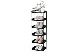 Altdnmaf 6 tier Narrow Shoe Storage Rack, Compact Single Shoerack Stand for Slim Space, Stackable Tall Thin Show Tower, Vertical Plastic Shelves, for Hallways, Kitchens, Bedrooms Tidy Organizer, Black