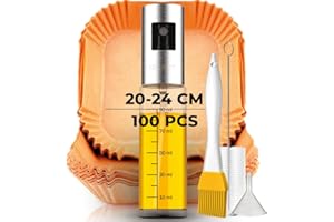 CREADY Papel Para Freidora de Aire 100 Piezas Extra Grueso [20-24CM] + Spray de Aceite | Accesorios Freidora de Aire | Papel Air Fryer Cuadrado | Accesorios Airfryer | Air Fryer Cosori 5,5 y Más