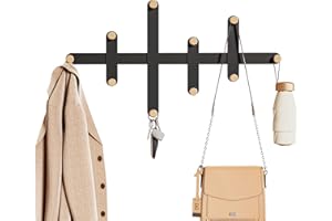LOFTPLUS Perchero de pared de metal – negro moderno diseño minimalista – Perchero con 10 ganchos de madera para entrada, salón, dormitorio, oficina (Negro)