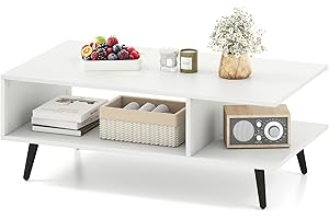 LIFEZEAL Couchtisch, Sofatisch mit 2 Ablagen & offenen Fächern, Moderner Wohnzimmertisch Kaffeetisch, 80 x 45 x 30 cm, Max. 80 kg (Weiß)